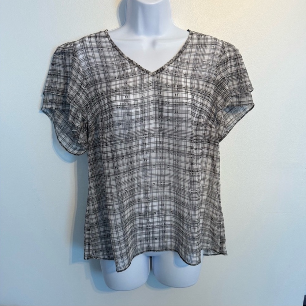 CAbi Black and White Plaid V-Neck Blouse